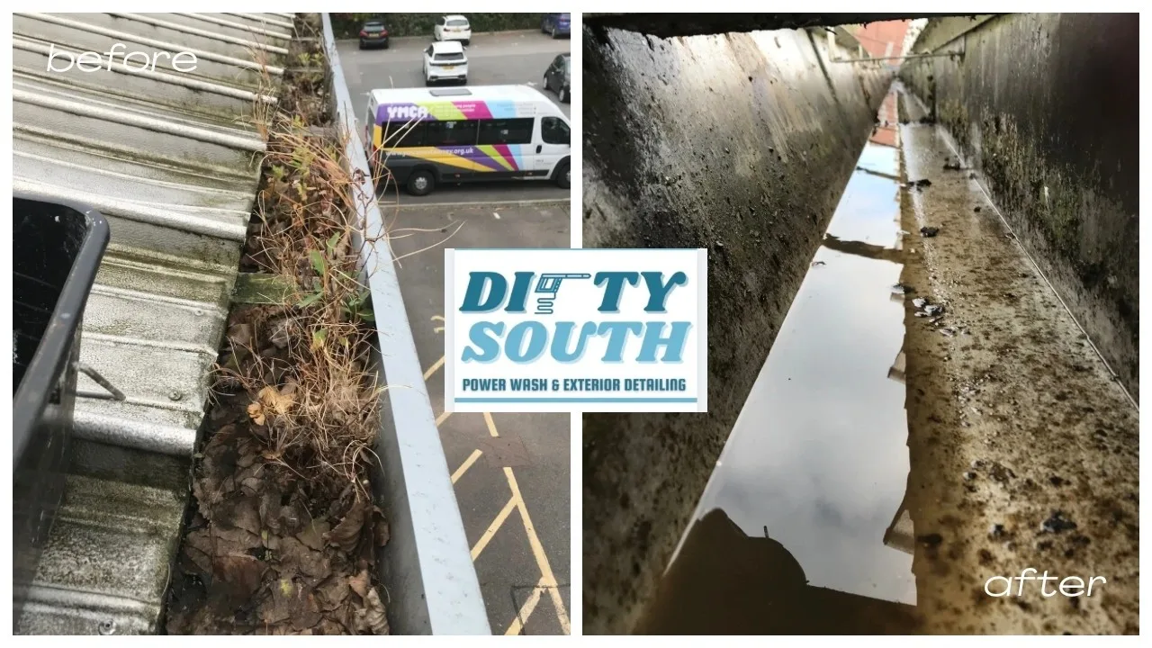 Gutter clearing, before and after