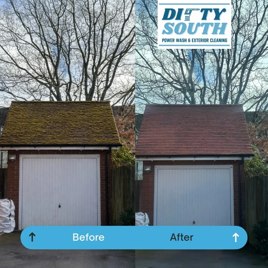 Mossy garage roof cleaned to bare tile