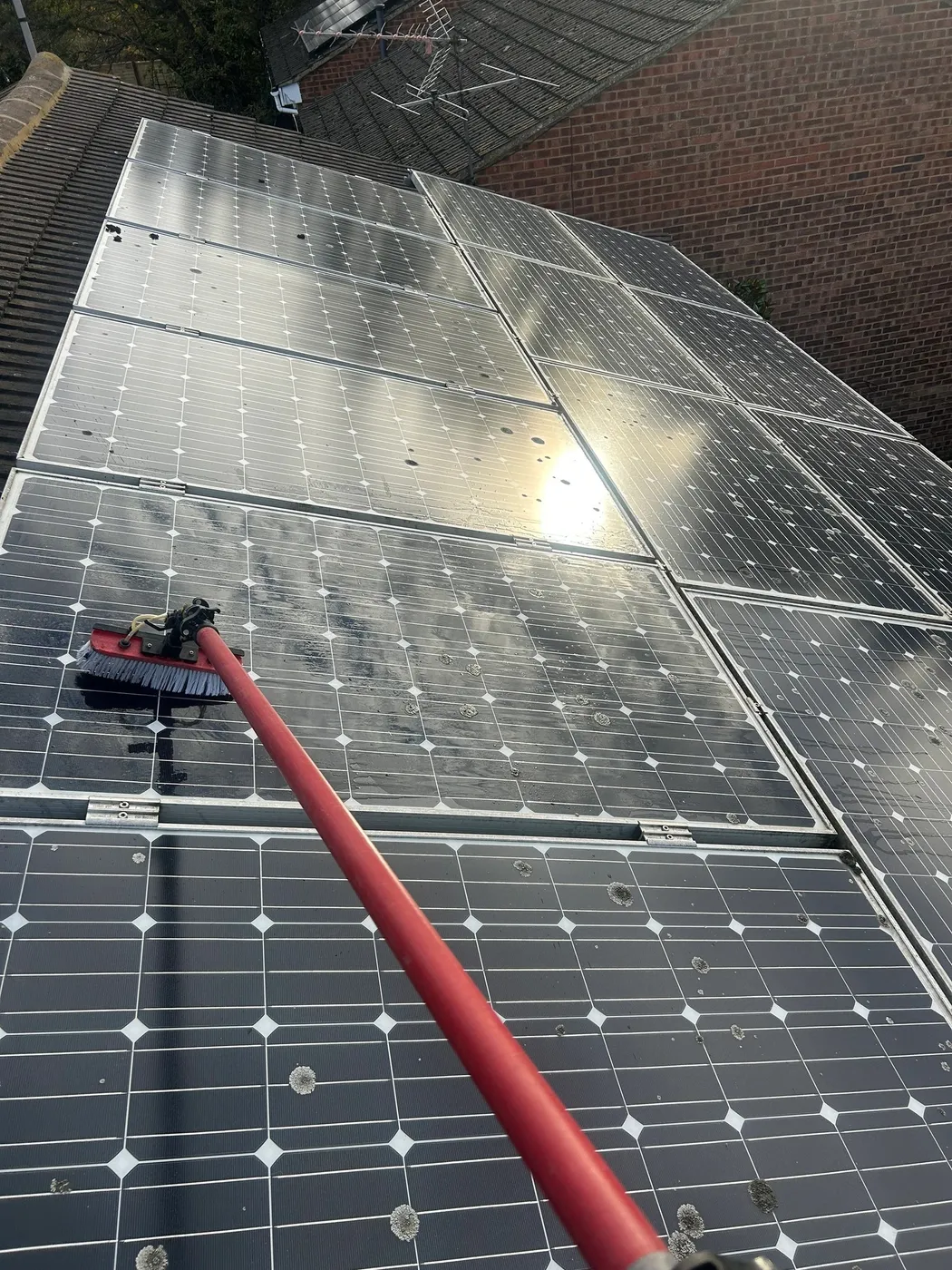 A brush cleaning roof-mounted solar panels mid-clean